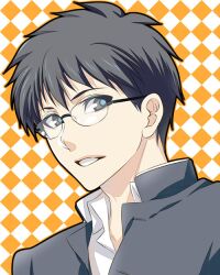  1boy black_hair blue_eyes commentary_request glasses male_focus nina_(pastime) photoshop_(medium) portrait school_uniform solo tohno_shiki tsukihime 