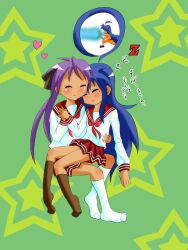  2girls ahoge anison bad_anatomy blue_hair commentary_request dragon_ball dragon_ball_z heart hiiragi_kagami hug izumi_konata kamehameha_(dragon_ball) lucky_star mole mole_under_eye multiple_girls photoshop_(medium) purple_hair sitting sleeping translation_request yuri zzz 