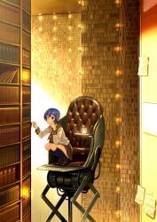  bad_id bad_pixiv_id black_socks blue_eyes blue_hair book bookshelf candle chair domo1220 female hair_tie head_rest kneehighs library loafers neckerchief original pleated_skirt school_uniform serafuku shoes short_hair skirt socks solo squatting tiptoes too_many too_many_books 