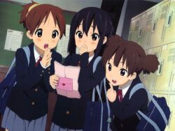  3girls bag black_hair blue_skirt blush brown_eyes brown_hair envelope getabako heart highres hirasawa_ui holding holding_envelope holding_paper horiguchi_yukiko k-on! long_hair looking_at_another multiple_girls nakano_azusa official_art open_mouth paper sakuragaoka_high_school_uniform scan school_bag school_uniform short_hair skirt smile suzuki_jun teeth twintails winter_uniform 