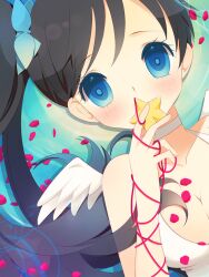  black_hair blue_eyes blush breasts bust character_request choker cleavage covering_mouth face flower_petals hair_ribbon ikr petals ponytail ribbon solo star upper_body wings 