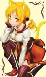  animal_ears bad_id bad_pixiv_id bell blonde_hair cat_ears collar drill_hair female fingerless_gloves gloves hair_ornament kemonomimi_mode kneeling mahou_shoujo_madoka_magica mahou_shoujo_madoka_magica_(anime) neck_bell renji_(orange_ize) solo striped tail tomoe_mami tomoe_mami_(magical_girl) vertical_stripes yellow_eyes 