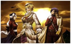  3girls aircraft belt blonde_hair buckle coat commentary_request gloves growingnoob hat helicopter long_sleeves melone multiple_girls photoshop_(medium) purple_hair short_hair sunlight touhou white_gloves white_hair yagokoro_eirin yakumo_yukari yasaka_kanako 