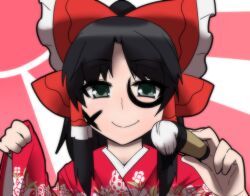  alternate_costume blush bow brush commentary_request facepaint female green_eyes hagoita hair_tubes hairbow hakurei_reimu hanetsuki ink japanese_clothes jeno new_year paddle photoshop_(medium) red_bow smile solo touhou wide_sleeves 