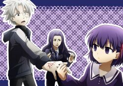  2boys aged_down bad_id bad_pixiv_id black_eyes carnival_phantasm dress fate/zero fate_(series) female formal hair_ribbon heterochromia hood hoodie kamio_an lancelot_(fate/zero) long_hair matou_kariya matou_sakura multiple_boys necktie parody purple_eyes purple_hair ribbon short_hair spoilers suit super_affection white_eyes white_hair 