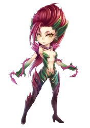  absurdres boots breasts chibi commentary_request earrings female fukafusa full_body high_heels highres jewelry league_of_legends long_hair medium_breasts monster_girl navel plant red_hair shoes solo thigh_boots thighhighs thorns vines white_background yellow_eyes zyra 