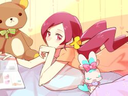  31_(bluesan) bad_id bad_pixiv_id book bow chypre_(heartcatch_precure!) commentary_request female hanasaki_tsubomi heartcatch_precure! long_hair lying on_stomach photoshop_(medium) pillow pink_bow pink_eyes pink_hair precure stuffed_animal stuffed_toy twintails 