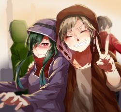  3boys bad_id bad_pixiv_id black_hoodie blurry blurry_foreground blush breasts brown_shirt circle closed_eyes collared_jacket embarrassed facing_away facing_viewer female from_behind gradient_background green_hair green_jumpsuit grin highres hood hood_up hooded_jumpsuit hoodie jacket jumpsuit kagerou_project kano_shuuya kido_tsubomi kisaragi_shintarou light_brown_background light_brown_hair long_hair long_sleeves looking_at_viewer medium_breasts mekakushi_code_(vocaloid) multiple_boys open_clothes open_mouth pietani397 print_hoodie purple_hoodie red_eyes red_jacket red_shirt seto_kousuke shirt short_hair short_sleeves smile teeth track_jacket upper_body v white_trim 