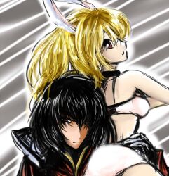  1boy animal_ears armor bare_shoulders black_hair blonde_hair breasts bunny_ears choker coat female gaias gaius_(tales) gloves grey_background hair_over_one_eye long_hair midriff milla_maxwell red_eyes short_hair skirt tales_of_(series) tales_of_xillia 