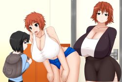  2girls ago bare_shoulders blue_eyes breast_hold breasts brown_hair cleavage curvy denim frown hibino_aki hibino_hibiki highres huge_breasts jeans leaning_forward lolicon multiple_girls open_mouth pants shirt short_hair shorts skirt standing thighs 