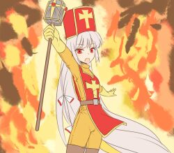  :o alternate_color belt bodysuit breasts commentary_request cosplay cross cross_print dragon_quest dragon_quest_iii female flat_color fujiwara_no_mokou grey_hair hair_ribbon hat long_hair mace mitre miyo_(ranthath) open_mouth orange_bodysuit priest_(dq3) priest_(dq3)_(cosplay) print_headwear red_eyes red_hat red_tabard ribbon small_breasts solo split_mouth tabard touhou very_long_hair weapon 