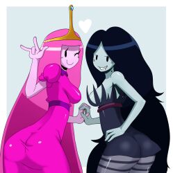  adventure_time ass black_eyes black_hair blue_background breasts butt_pose cartoon_network clothed clothing crown dress duo fangs female food food_hair gesture grin hair hand_gesture headgear heart_symbol hi_res human humanoid ily_sign interlocked_fingers looking_at_viewer looking_back mammal marceline_abadeer not_furry one_eye_closed pink_body pink_hair pink_skin pose princess_bubblegum pseudo_hair rear_view simple_background smile sssonic2 teeth vampire wink 