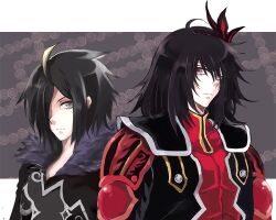  2boys ahoge armor black_hair brown_eyes coat fur gaias gaius_(tales) grey_background hair_ornament hair_over_one_eye male male_focus multicolored_hair multiple_boys red_eyes short_hair tales_of_(series) tales_of_xillia wingar wingul_(tales) 