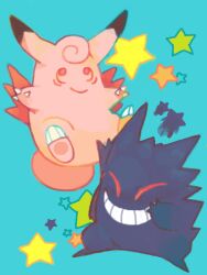  blue_background clefable closed_eyes falling gengar karakara_(tegaki) no_humans pokemon pokemon_(creature) smile standing star_(symbol) tegaki 