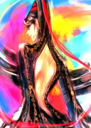  backless_outfit bad_id bad_pixiv_id bare_back bayonetta bayonetta_(series) bayonetta_1 black_hair blue_eyes bodysuit earrings female glasses hair_ribbon jewelry looking_back mole mole_under_mouth ribbon seitsuji smile solo 