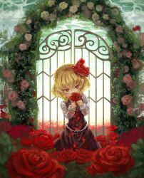  arch blonde_hair commentary_request female floral_arch flower gate hair_bobbles hair_ornament hair_ribbon long_sleeves madaragi red_eyes red_flower red_rose ribbon rose rumia short_hair solo touhou white_flower white_rose 