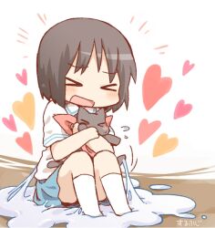  &gt;_&lt; :d animal animal_hug bad_id bad_pixiv_id black_hair blush closed_eyes daitirumoesu feline female glue heart hug nichijou open_mouth sakamoto_(nichijou) school_uniform shinonome_nano sitting skirt smile stuck suggestive_fluid tokisadame_school_uniform xd 