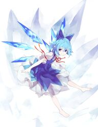  arm_ribbon barefoot blue_bow blue_dress blue_eyes blue_hair bow cirno cirno_day commentary_request dress female hairbow looking_at_viewer photoshop_(medium) puffy_sleeves ribbon shihou_(g-o-s) shirt short_hair short_sleeves smile solo touhou wings 