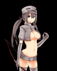  at2. black_background black_eyes black_hair bow_(weapon) breasts cleavage cleavage_cutout elbow_gloves female gloves hat hot_pants jpeg_artifacts large_breasts legwear long_hair minecraft navel personification short_shorts shorts simple_background skeleton_(minecraft) smile solo thighhighs twintails weapon 