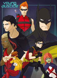  2girls 5boys aqua_lad arrow batman black_hair blonde_hair blue_eyes bruce_wayne cape copyright_name crossed_arms dark_skin dc_comics dick_grayson domino_mask female freckles gills gloves goggles green_eyes green_skin kaldur&#039;ahm kid_flash ladama long_hair mask miss_martian multiple_boys multiple_girls orange_hair quiver red_arrow robin_(dc) roy_harper s_shield sleeveless smile superboy tattoo wally_west young_justice:_invasion 