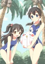  2girls :d bird black_hair blood blue_eyes brown_eyes commentary dera_mochimazzui hair_bobbles hair_ornament kitashirakawa_anko kitashirakawa_tamako lolicon long_hair low_twintails multiple_girls mushiboy nosebleed one-piece_swimsuit one_side_up open_mouth palm_tree school_swimsuit siblings sisters smile swimsuit tamako_market tree twintails 