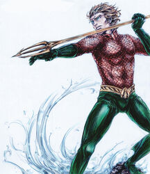  1boy aqua_man aquaman_(series) belt blonde_hair dc_comics gloves male male_focus polearm scale_armor solo trident water weapon 