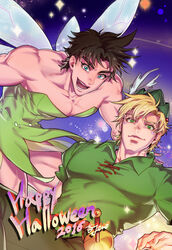  2016 2boys anzumame blonde_hair blue_eyes brown_hair caesar_anthonio_zeppeli commentary_request cosplay crossdressing dress facial_mark fairy_wings green_dress green_eyes halloween happy_halloween hat hat_feather jojo_no_kimyou_na_bouken joseph_joestar joseph_joestar_(young) male_focus multiple_boys muscular open_mouth pectorals peter_pan_(character) peter_pan_(character)_(cosplay) peter_pan_(disney) photoshop_(medium) smile sparkle sword tinker_bell_(disney) tinker_bell_(disney)_(cosplay) weapon wings 