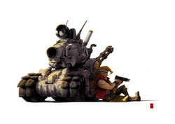  1boy bad_id bad_pixiv_id blonde_hair boots commentary gatling_gun gun harymachinegun headband highres holding holding_gun holding_weapon knee_boots male_focus marco_rossi metal_slug military military_vehicle motor_vehicle open_clothes open_vest photoshop_(medium) red_vest simple_background sitting solo sv001_(metal_slug) tank vest weapon white_background white_headband wristband 