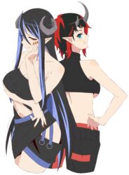  2girls akitetsu arm_under_breasts back-to-back bandeau black_bandeau black_hair black_pants black_skirt black_sports_bra blue_eyes blue_hair breasts brown_eyes brown_nails cleavage closed_mouth cowboy_shot curled_horns demon_girl demon_horns grey_horns hair_between_eyes hand_on_own_cheek hand_on_own_face hebiyoi_tier hebiyoi_tier_(1st_costume) hip_vent horns large_breasts long_hair looking_at_viewer multicolored_hair multiple_girls nanashi_inc. navel pants pointy_ears red_hair ryugasaki_rene ryugasaki_rene_(1st_costume) short_hair sidelocks simple_background skirt smile sports_bra sugar_lyric transparent_background two-tone_hair underboob very_long_hair virtual_youtuber 