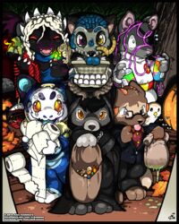  2016 anthro antlers black_hair black_nose cervine chibi clothing costume deer fur grey_body grey_fur group hair halloween halloween_costume halloween_decoration halloween_theme holidays horn male mammal o-kemono orange_eyes paws ra&#039;deer 