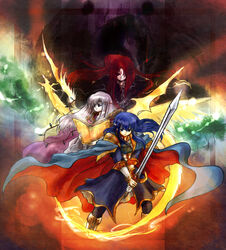  2boys blue_eyes blue_hair book cape circlet dragon dress facial_mark female fire_emblem fire_emblem:_genealogy_of_the_holy_war forehead_mark gloves half-siblings headband julia_(fire_emblem) julius_(fire_emblem) long_hair loptous_(fire_emblem) multiple_boys naga_(fire_emblem) ponytail red-50869 red_eyes red_hair seliph_(fire_emblem) siblings sword tyrfing_(fire_emblem) weapon 