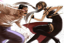  1boy battle black_dress blood blood_on_face blue_pants boots breasts cleavage commentary crossover dagger dress dual_wielding duel english_commentary eye_trail facial_hair female fingerless_gloves floating_hair flower from_side fullmetal_alchemist gloves hair_flower hair_ornament hairband haraya_manawari high_heel_boots high_heels highres holding holding_dagger holding_knife holding_sword holding_weapon king_bradley knife large_breasts light_trail long_hair looking_at_another mature_male mixed_gender_duel moustache off-shoulder_dress off_shoulder pants red_eyes scratches shirt short_hair spy_x_family sword thigh_boots very_short_hair weapon white_shirt yor_briar 