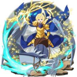  alice_zuberg amayori_(sao) arm_up armor armored_dress bad_id blonde_hair blue_cape blue_dress blue_eyes blue_fire body_armor braid braided_ponytail breath_weapon breathing_fire cape claws cloud cloudy_sky colored_skin day dragon dragon_claw dragon_horns dragon_riding dragon_wings dress energy faulds female fire floating_hair full_body gauntlets gloves glowing gold_armor gold_gloves grey_horns grey_scales grey_skin grey_tail grey_wings ground_shatter hair_intakes hairband highres hip_armor holding holding_reins holding_sword holding_weapon horns knight long_hair long_skirt looking_at_viewer magic multiple_horns official_art open_mouth osmanthus_blade outdoors pauldrons reins riding scales sharp_teeth shoulder_armor sidelocks skirt sky slit_pupils solo sword sword_art_online sword_art_online:_alicization teeth tongue transparent_background unsheathed very_long_hair weapon western_dragon white_hairband white_skirt wings yellow_footwear yellow_gloves 