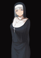  absurdres arms_behind_back black_background breasts closed_mouth cross cross_necklace feet_out_of_frame female girls&#039;_frontline grey_hair habit highres jewelry large_breasts looking_at_viewer medium_hair necklace nun painnico purple_eyes rpk-16_(girls&#039;_frontline) smile solo standing traditional_nun 