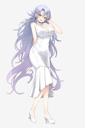  absurdres arm_behind_back blue_eyes breasts cleavage cleavage_cutout clothing_cutout commentary dress earrings english_commentary female full_body hair_between_eyes hand_up high_heels highres jewelry large_breasts long_hair open_mouth phase_connect purple_hair shisui_michiru_(phase_connect) sleeveless sleeveless_dress smile solo teeth upper_teeth_only valefal_coneri virtual_youtuber white_dress white_footwear 