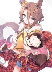  animal_ears belt blue_eyes brown_belt brown_hair cardigan collarbone commentary_request cowboy_shot denim denim_shorts fal_maro female fur-trimmed_sweater fur_trim highres horse_ears horse_girl horse_tail horseshoe looking_at_viewer midriff_peek narita_taishin_(umamusume) navel open_cardigan open_clothes open_mouth outstretched_hand pink_sweater plaid shirt short_hair shorts simple_background sweater tail umamusume v-shaped_eyebrows white_background yellow_shirt 