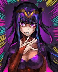  breasts cleavage colorful eyeliner female fire_emblem fire_emblem_awakening grin hand_on_own_chest highres long_hair looking_at_viewer makeup purple_eyes purple_hair red_eyeliner saiykik sidelocks skin_tight smile solo tharja_(fire_emblem) two_side_up 