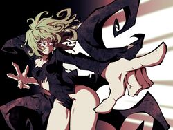  absurdres black_dress breasts closed_mouth dress female floating_hair frown green_hair highres kekel leaning_forward medium_breasts one-punch_man pointing solo standing tatsumaki torn_clothes torn_dress yellow_eyes 