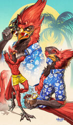  2023 abs absurd_res aloha_shirt anthro artist_name athletic athletic_anthro athletic_male avian beach beak bendy_straw bird black_body black_feathers blue_bottomwear blue_clothing blue_shirt blue_shorts blue_topwear bottomwear bust_portrait cardinal_(bird) claws clothed clothed_anthro clothed_male clothing cocktail_garnish cocktail_umbrella coconut digital_drawing_(artwork) digital_media_(artwork) dress_shirt drinking_straw drupe_(fruit) eyewear feathers feet finbeard food fruit full-length_portrait hand_behind_neck hands_behind_neck hi_res holding_eyewear holding_object holding_sunglasses leaning leaning_backward looking_at_viewer looking_up male male_anthro multicolored_body multicolored_feathers northern_cardinal oscine palm_tree passerine pattern_clothing pattern_shirt pattern_topwear pecs phnod plant portrait red_body red_clothing red_feathers red_topwear seaside shirt shirtless_anthro shirtless_male shorts side_view solo standing sun sunglasses swimming_trunks swimwear talons toes topless topless_anthro topless_male topwear tree two_tone_body wingless_avian yellow_bottomwear yellow_clothing yellow_eyes yellow_shorts 