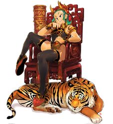  andrewcockroach armband black_thighhighs bottle breasts chair drawing fantasy female forehead green_hair highres holding holding_bottle leotard medium_breasts original shoes simple_background sitting smile solo thighhighs tiger white_background wristband 