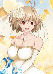  ahoge arcueid_brunestud bare_shoulders blonde_hair breasts cleavage collarbone confetti cross_pendant detached_sleeves dress female flower hair_flower hair_ornament highres hirakawa large_breasts red_eyes solo strapless strapless_dress tsukihime tsukihime_(remake) upper_body vampire veil wedding_dress white_dress white_sleeves yellow_background yellow_flower yellow_theme 