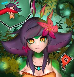  animal_humanoid beautiful_background brown_clothing chameleon_humanoid clothing digital_drawing_(artwork) digital_media_(artwork) female female/female flower forest green_body hair hi_res humanoid jungle league_of_legends leagues lizard_humanoid neeko_(lol) neekoleagueoflegends neon_lightning pink_flower plant purple_hair reptile reptile_humanoid riot_games scalie scalie_humanoid solo tencent tree yellow_eyes 