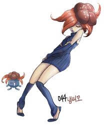  blue_dress blue_footwear blue_sleeves brown_hat detached_sleeves dress female full_body gloom_(pokemon) hat leaning_back orange_hair personification pokemon pokemon_(creature) reference_inset ribbed_dress short_hair simple_background tamtamdi translated white_background 