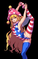  :o american_flag_legwear american_flag_leotard arms_behind_back arms_behind_head asymmetrical_legwear balancing blonde_hair blush breasts clownpiece covered_nipples curly_hair female flexible groin hair_between_eyes highres leaning_forward leaning_to_the_side long_hair looking_at_viewer puck100ml red_eyes sideboob skin_tight small_breasts split standing standing_on_one_leg standing_split striped_clothes striped_thighhighs thighhighs touhou very_long_hair 