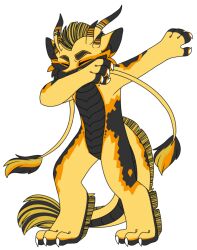  2018 anthro barbel_(anatomy) black_body black_scales claws closed_eyes dabbing dragon eastern_dragon eyebrows fluffy gold_body gold_scales horn kobold kodiyak male mane meme mythological_creature mythological_scalie mythology orange_outline outline rune_(banananoodl) scales scalie solo tail tuft yellow_body yellow_scales 