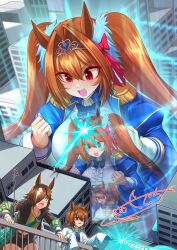  3girls agnes_tachyon_(umamusume) animal_ears breasts brown_eyes brown_hair building coat commission daiwa_scarlet_(umamusume) energy_gun giant giantess hair_between_eyes hair_intakes hair_over_one_eye highres horse_ears horse_girl lab_coat large_breasts long_hair long_sleeves multicolored_hair multiple_girls oerba_yun_fang open_mouth outdoors ray_gun red_eyes same_kujira_(challenger_310) shaded_face signature skeb_commission sleeves_past_fingers sleeves_past_wrists smile streaked_hair tiara twintails two-tone_hair umamusume very_long_hair vodka_(umamusume) weapon white_coat white_hair 