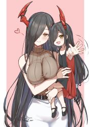  2girls as4gi azur_lane bare_shoulders belt black_belt black_hair blush border breasts brown_sweater carrying carrying_person dress friedrich_der_grosse_(azur_lane) hair_over_one_eye heart highres horns large_breasts little_friedrich_(azur_lane) long_hair looking_at_viewer mechanical_horns multiple_girls red_horns skirt sleeveless sleeveless_dress smile sweater turtleneck turtleneck_sweater very_long_hair white_border white_skirt yellow_eyes 