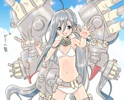  ahoge armpit_crease ass_visible_through_thighs bikini blush breasts bullet cannon cloud cosplay cowboy_shot day female grey_eyes grey_hair hair_between_eyes hair_bun inflatable_toy kantai_collection kikumon kiyoshimo_(kancolle) kujira_naoto long_hair looking_at_viewer low_twintails machinery navel open_mouth range_finder rigging single_hair_bun sky small_breasts smile solo standing stomach swimsuit teeth thighs translated turret twintails v very_long_hair white_bikini yamato_(kancolle) yamato_(kancolle)_(cosplay) 