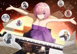  4boys 4girls absurdres anastasia_(fate) ashwatthama_(fate) bare_shoulders blush breasts caenis_(fate) cleavage dress fate/grand_order fate_(series) hair_over_one_eye highres instrument jewelry large_breasts looking_at_viewer mash_kyrielight morgan_le_fay_(fate) morgan_le_fay_(queen_of_winter)_(fate) motukan multiple_boys multiple_girls necklace piano prince_of_lan_ling_(fate) purple_dress purple_eyes purple_hair sheet_music short_hair sigurd_(fate) sitting smile solo_focus surtr_(fate) tezcatlipoca_(fate) viy_(fate) 