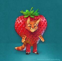  2024 anthro bottomwear clothing costume domestic_cat dorian_zibowski felid feline felis food food_costume fruit fur lackadaisy male mammal orange_body orange_fur pants plant solo standing strawberry strawberry_costume stripes tail tracy_j._butler whiskers 